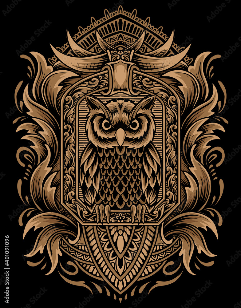 Fototapeta premium Illustration vector Owl bird with vintage engraving ornament on black background.