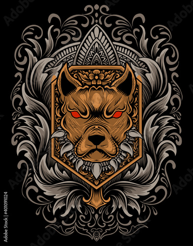 Illustration vector dog head with engraving ornament 
