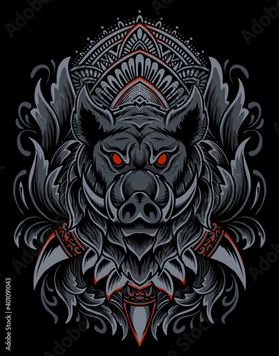 Illustration vector Wild boar head with vintage engraving ornament on black background.