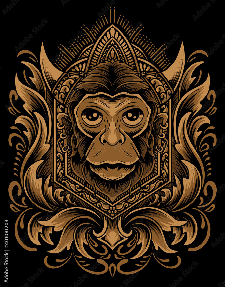 Illustration vector monkey head with vintage engraving ornament on black background.