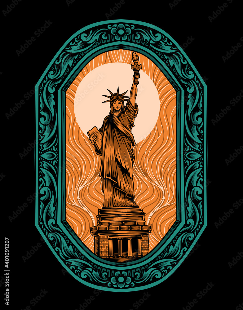 Fototapeta premium Illustration vector Liberty statue with vintage engraving ornament on black background.