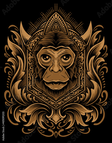 Illustration vector monkey head with vintage engraving ornament on black background.