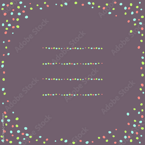 Greeting card template with colorful spots frame on a brown background. Vector illustration.