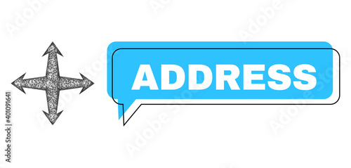 Speech Address blue bubble message and crossing mesh expand. Frame and colored area are misplaced to Address text, which is located inside blue bubble. Vector quote text inside message frame.