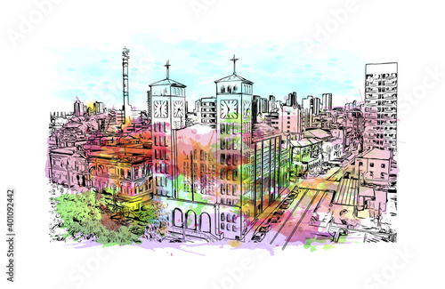 Building view with landmark of Cuiaba is the 
city in Brazil. Watercolour splash with hand drawn sketch illustration in vector. photo