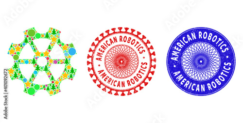 Gear composition of Christmas symbols, such as stars, fir trees, colored balls, and AMERICAN ROBOTICS grunge seals. Vector AMERICAN ROBOTICS stamp seals uses guilloche ornament,