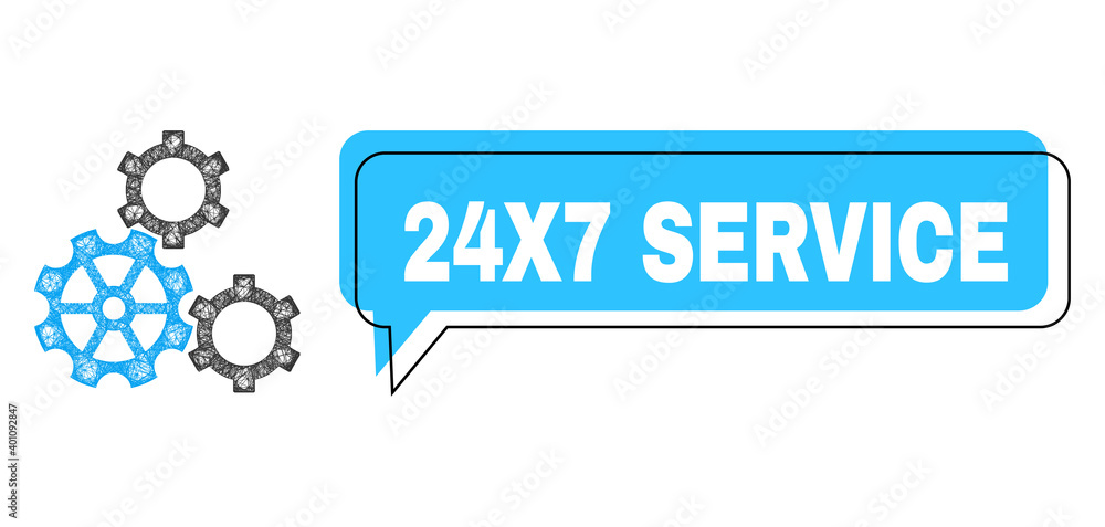 Conversation 24X7 Service blue bubble frame and wire frame gears. Frame and colored area are shifted to 24X7 Service phrase, which is located inside blue colored speech balloon. Conversation 24X7 Service blue bubble frame and wire frame gears. Frame and colored area are shifted to 24X7 Service phrase, which is located inside blue colored speech balloon.