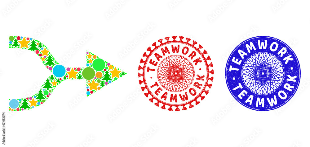 Combine arrow right composition of Christmas symbols, such as stars, fir-trees, multicolored round items, and TEAMWORK scratched seals. Vector TEAMWORK imprints uses guilloche ornament, Combine arrow right composition of Christmas symbols, such as stars, fir-trees, multicolored round items, and TEAMWORK scratched seals. Vector TEAMWORK imprints uses guilloche ornament,