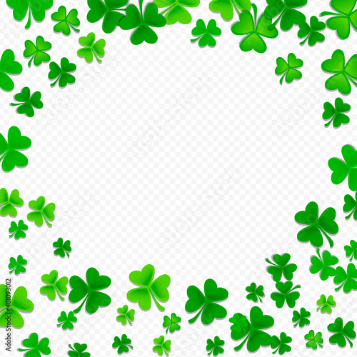 Frame of green shamrock and clover background with blank copy space  St. Patrick s Day celebration and irish symbol  vector illustration.