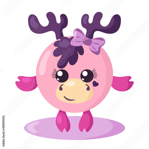 Funny cute kawaii moose girl with round body and hair bow in flat design with shadows. Isolated animal vector illustration	