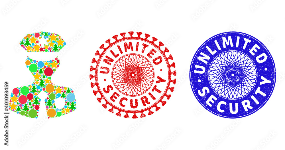 Constable collage of New Year symbols, such as stars, fir-trees, multicolored spheres, and UNLIMITED SECURITY scratched seals. Vector UNLIMITED SECURITY stamp seals uses guilloche ornament, Constable collage of New Year symbols, such as stars, fir-trees, multicolored spheres, and UNLIMITED SECURITY scratched seals. Vector UNLIMITED SECURITY stamp seals uses guilloche ornament,