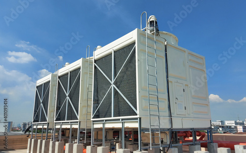 Sets of cooling towers in data center building.