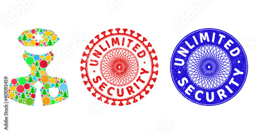 Constable collage of New Year symbols, such as stars, fir-trees, multicolored spheres, and UNLIMITED SECURITY scratched seals. Vector UNLIMITED SECURITY stamp seals uses guilloche ornament,