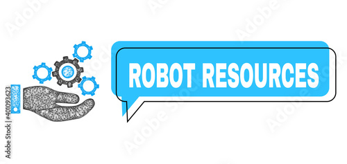 Conversation Robot Resources blue cloud frame and network mechanics service. Frame and colored area are shifted to Robot Resources caption, which is located inside blue cloud.