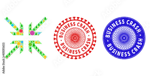 Collide arrows mosaic of New Year symbols, such as stars, fir trees, multicolored round items, and BUSINESS CRASH rough stamp seals. Vector BUSINESS CRASH stamp seals uses guilloche pattern,