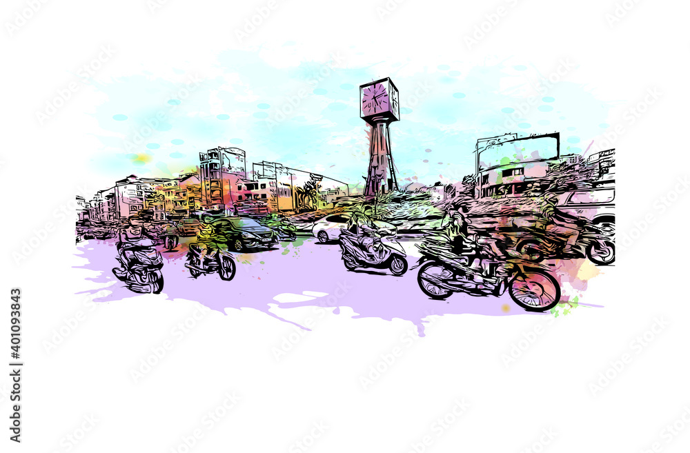 Building view with landmark of Da Nang is a coastal city in central Vietnam. Watercolour splash with hand drawn sketch illustration in vector.