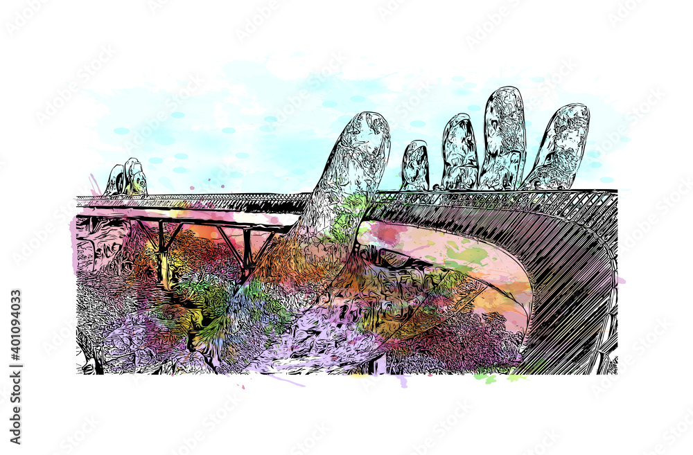 Building view with landmark of Da Nang is a coastal city in central Vietnam. Watercolour splash with hand drawn sketch illustration in vector.