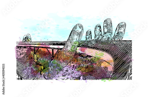 Obraz na płótnie Building view with landmark of Da Nang is a coastal city in central Vietnam. Watercolour splash with hand drawn sketch illustration in vector. w salonie