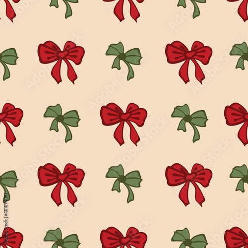 Christmas ribbon bows seamless vector pattern in red and green, Surface print design for fabrics, stationery, backgrounds, textiles, gift wrap, home decor, wallpaper, scrapbook, and packaging.