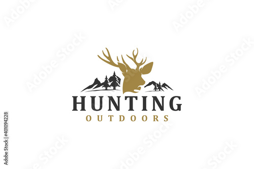 Deer hunting adventure outdoor logo design - animal wildlife silhouette head horns deer, mountain element.