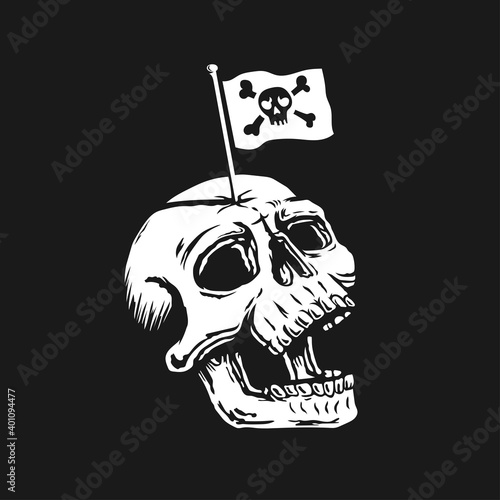 skull head with pirates flag on the head. vector illustration. t shirt,logo,tattoo design.