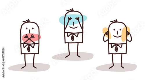 Cartoon three Men Hiding Mouth, Eyes and Ears