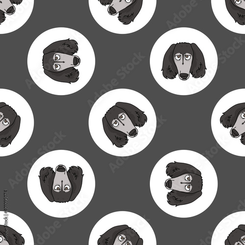 Hand drawn cute Saluki dog face breed in polka dot seamless vector pattern. Purebread pedigree puppy domestic on dotty background. Dog lover sighthound head all over print. Kennel club pooch. 