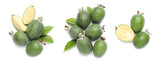 Set of fresh ripe feijoas on white background, top view. Banner design