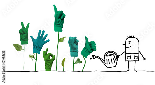 Cartoon Gardener with Growing Green Hand Signs