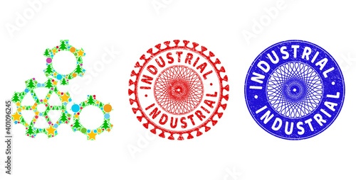 Gears collage of Christmas symbols, such as stars, fir-trees, bright circles, and INDUSTRIAL unclean stamp seals. Vector INDUSTRIAL stamp seals uses guilloche ornament,