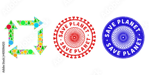 Recycle composition of New Year symbols, such as stars, fir trees, colored circles, and SAVE PLANET dirty watermarks. Vector SAVE PLANET imprints uses guilloche pattern,