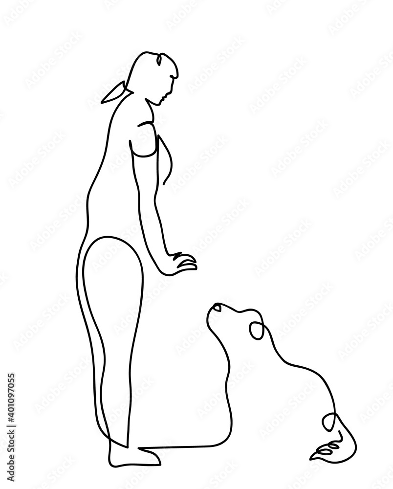 One continuous line drawing of dog and command training. One line