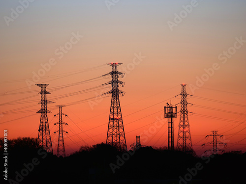 Tokyo,Japan-December 23, 2020: Electric Transmission Towers at winter dawn in Tokyo 