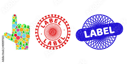 Hand pointer up composition of Christmas symbols, such as stars, fir trees, color circles, and LABEL grunge stamp seals. Vector LABEL seals uses guilloche ornament, designed in red and blue variants.