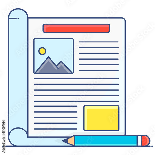 
Flat outline icon of magazine layout, article designing 
