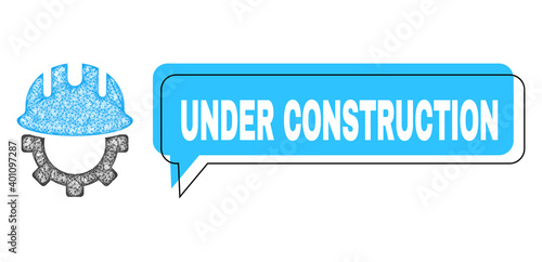 Conversation Under Construction blue bubble message and wire frame development hardhat. Frame and colored area are shifted to Under Construction phrase, which is located inside blue colored bubble.