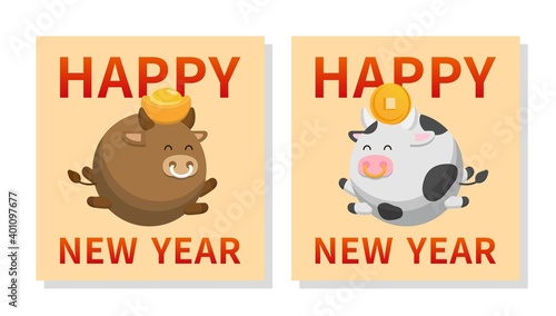 Simple and elegant Zodiac Bull and Cow poster or greeting card, cartoon comic vector illustration