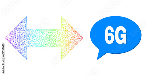 6G and horizontal exchange arrows composition. Spectrum colored network horizontal exchange arrows, and chat 6G cloud frame. Chat colored 6G cloud has shadow.