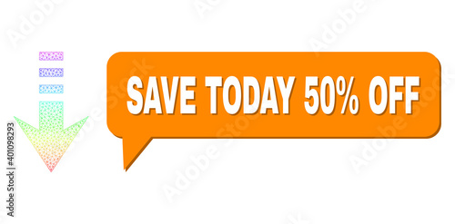Save Today 50% Off and send down vector. Spectrum vibrant net send down, and speech Save Today 50% Off cloud message. Speech colored Save Today 50% Off cloud has shadow.