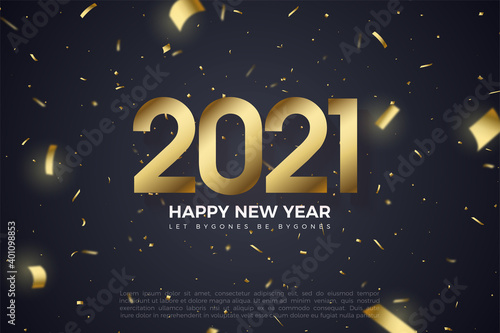 Happy new year background with golden figure illustration and gold paper cut on black background.