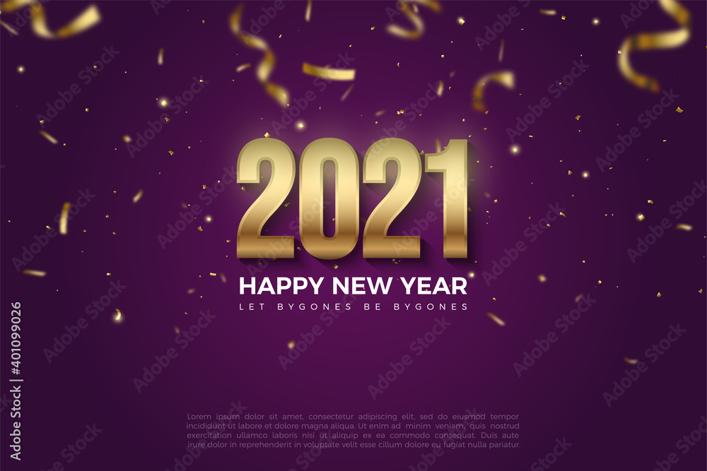 Anniversary Happy New Year 2021 background with falling gold figures and paper illustrations.