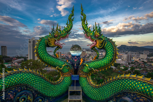 Wat Khao Phra Kru Landmark Of Sriracha City With Two Of Great Nagas Guarded Entrance To The View Point And The Crystal Ball That Gives An Inverted View Of The Sriracha Scenery Chonburi Thailand Stock