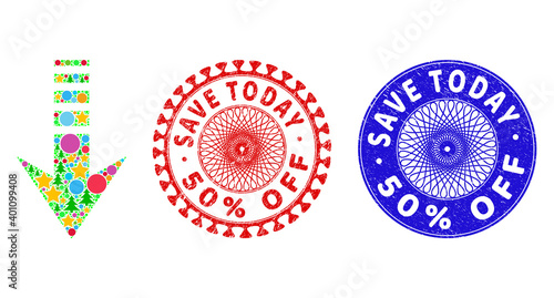 Send down collage of Christmas symbols, such as stars, fir trees, colored circles, and SAVE TODAY 50% OFF rough stamp imitations. Vector SAVE TODAY 50% OFF stamps uses guilloche ornament,