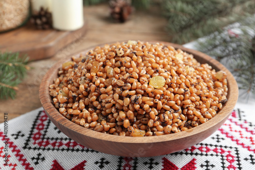 Traditional Christmas slavic dish kutia served on table, closeup