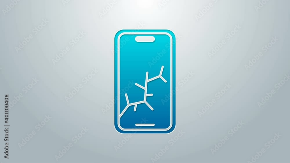Blue line Smartphone with broken screen icon isolated on grey background. Shattered phone screen icon. 4K Video motion graphic animation Blue line Smartphone with broken screen icon isolated on grey background. Shattered phone screen icon. 4K Video motion graphic animation