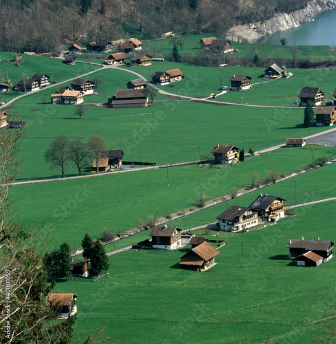 Aerial View of Lake Lungern valley and village in Obwalden, Switzerland.