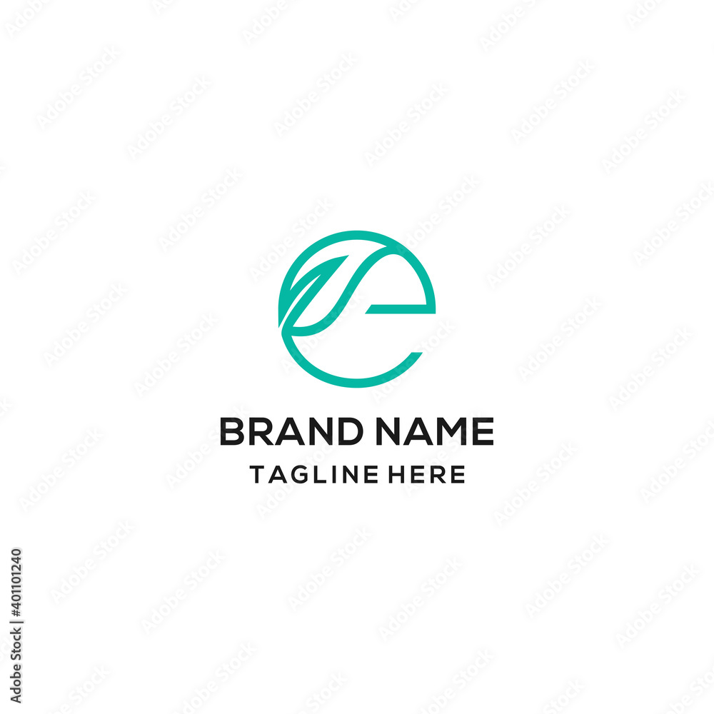 E letter logo in green leaf. Line style icon. Vector ecology elements
