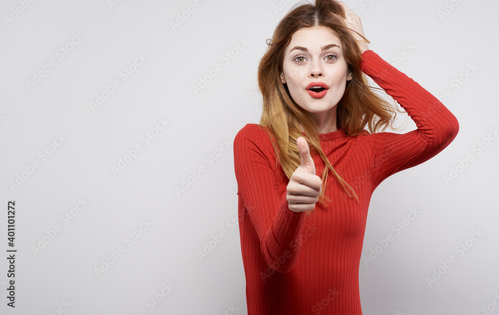 cheerful pretty woman gesturing with hands joy red dress cheerful pretty woman gesturing with hands joy red dress