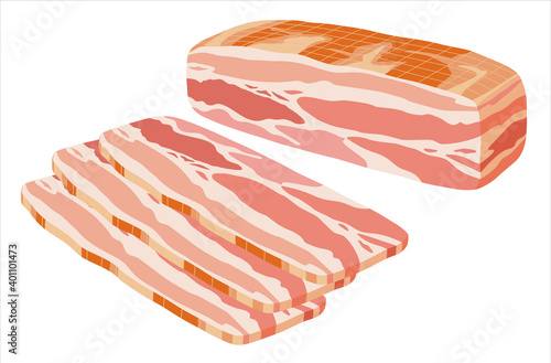 Smoked bacon block with cut pieces against white background