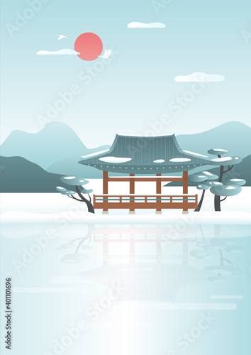 Vector illustration of the Korean winter landscape with traditional house.